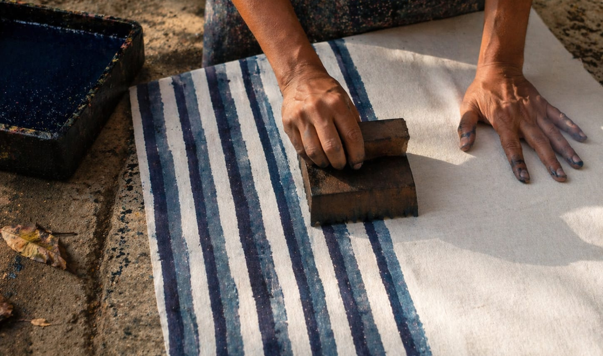 Hand Block Printing Using Indigo.