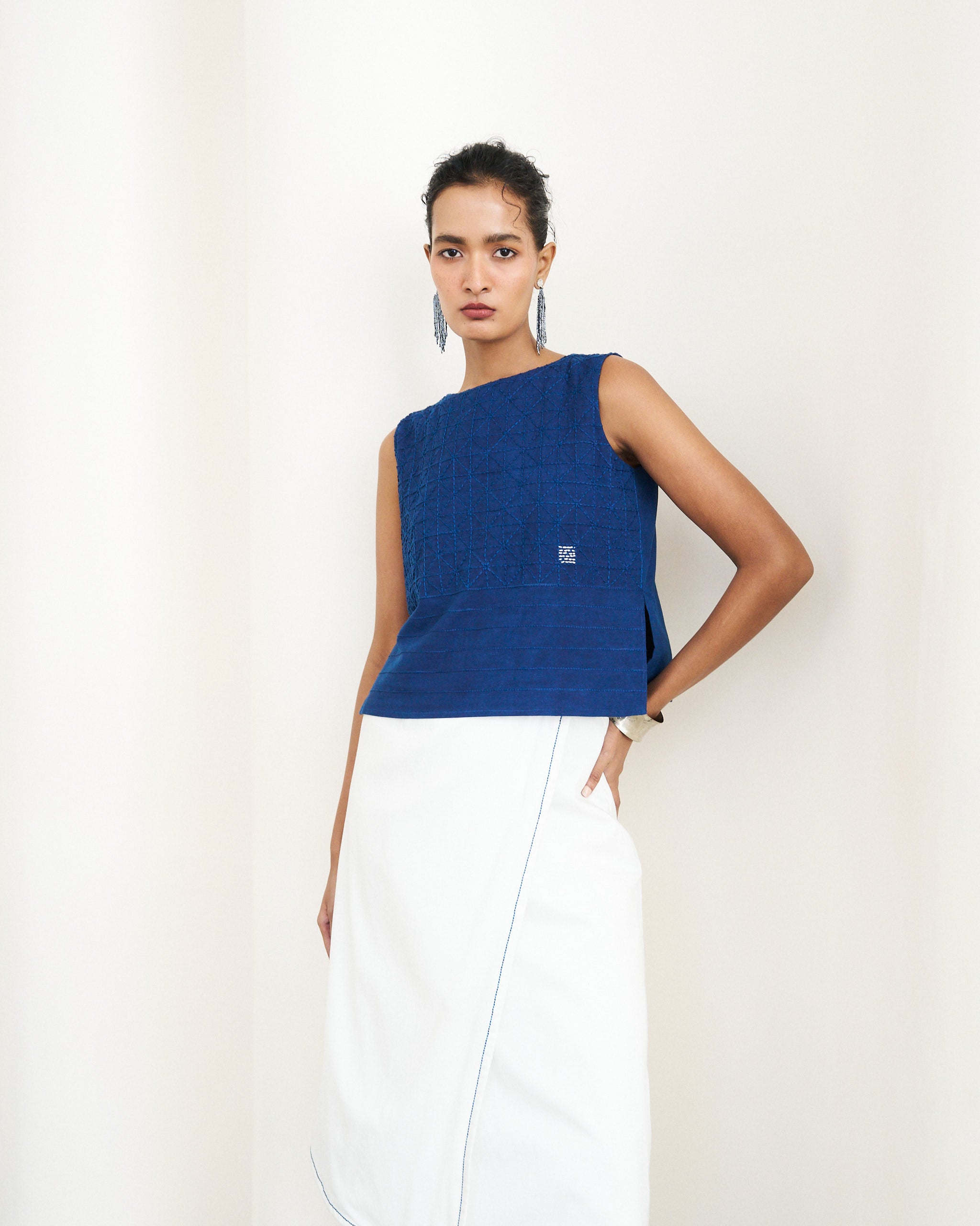 Selvedge Wrap Skirt - Pristine White with Indigo Stitch line