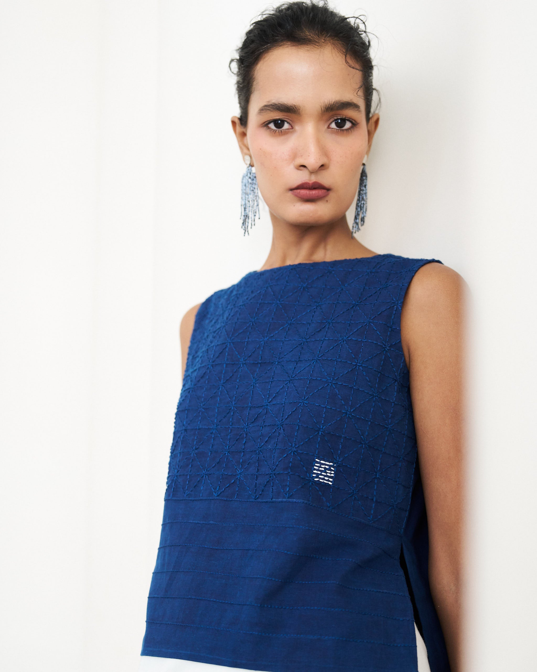 Kantha Grid Cropped Top - Indigo Vat
