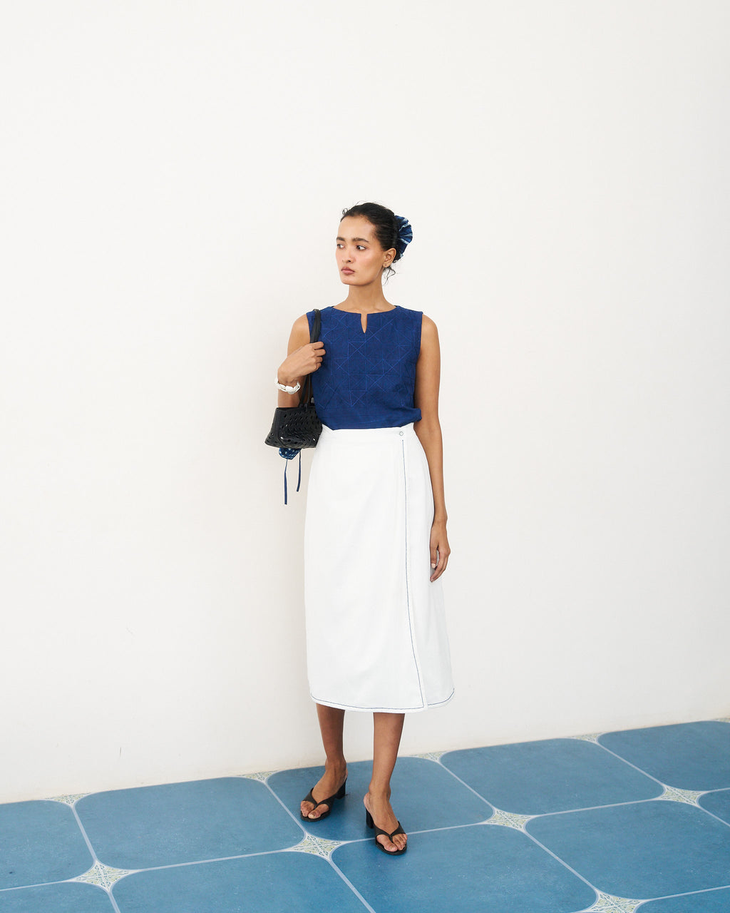 Selvedge Wrap Skirt - Pristine White with Indigo Stitch line