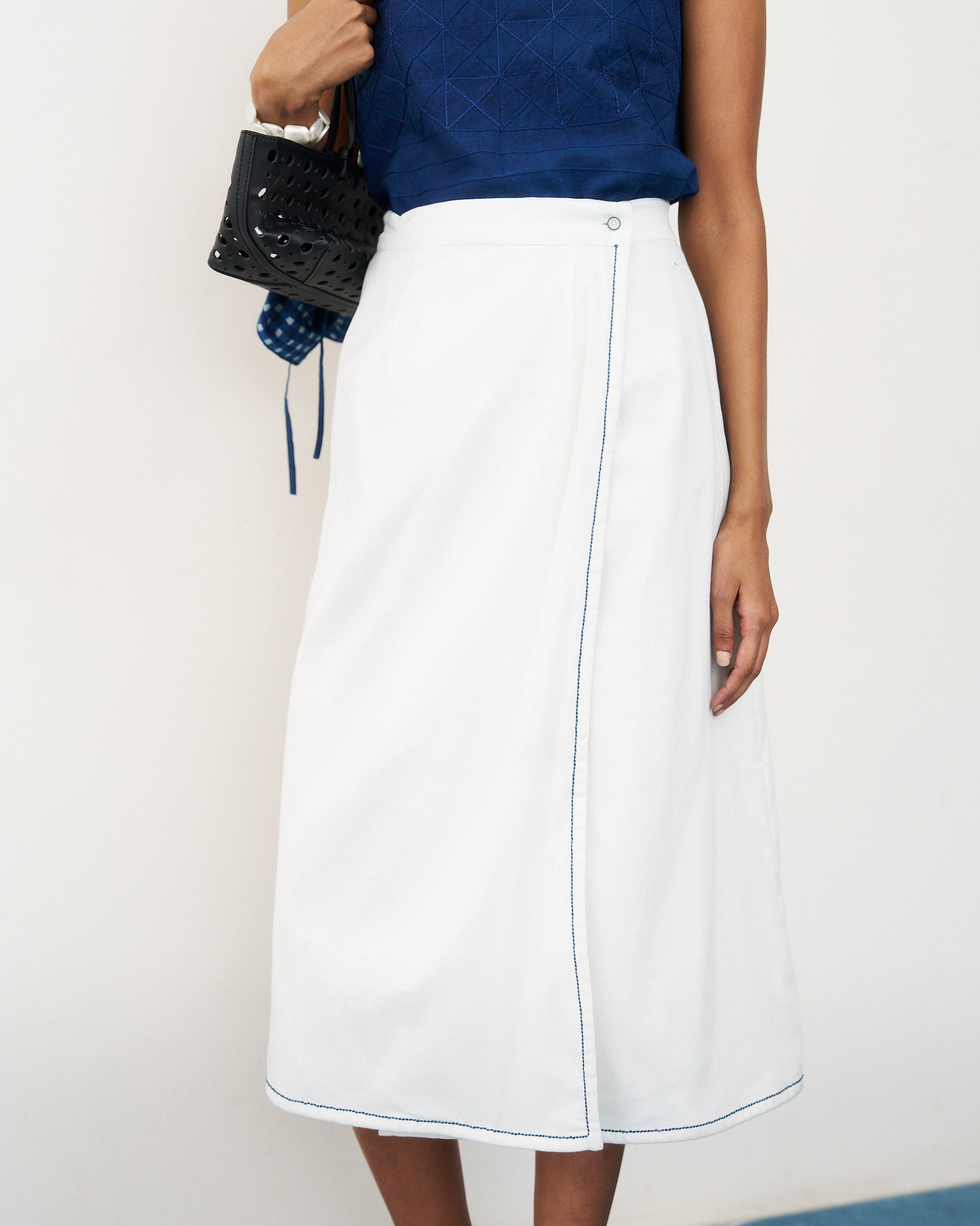 Selvedge Wrap Skirt - Pristine White with Indigo Stitch line