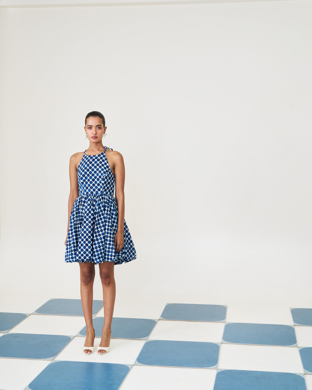 Bubble Hem Dress - Rain Dot Indigo