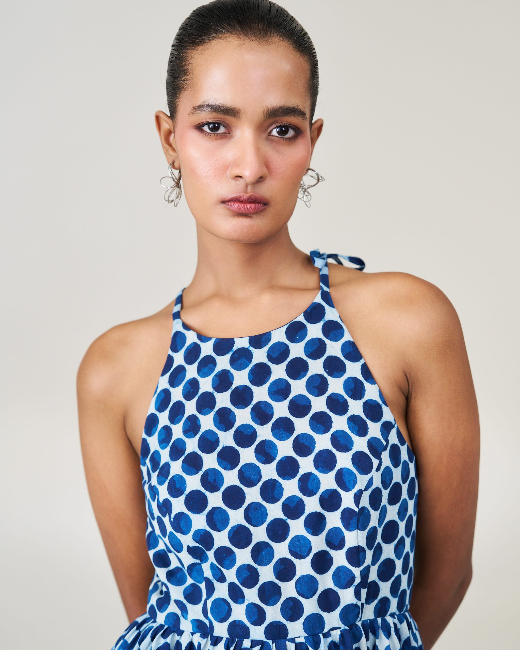 Bubble Hem Dress - Rain Dot Indigo