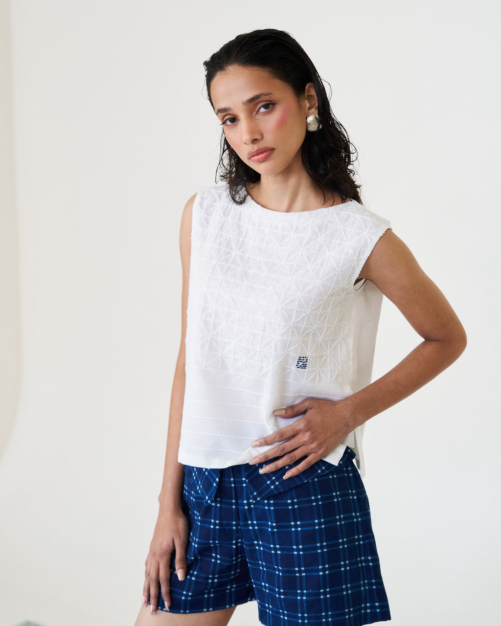 Kantha Grid Cropped Top - Pristine White