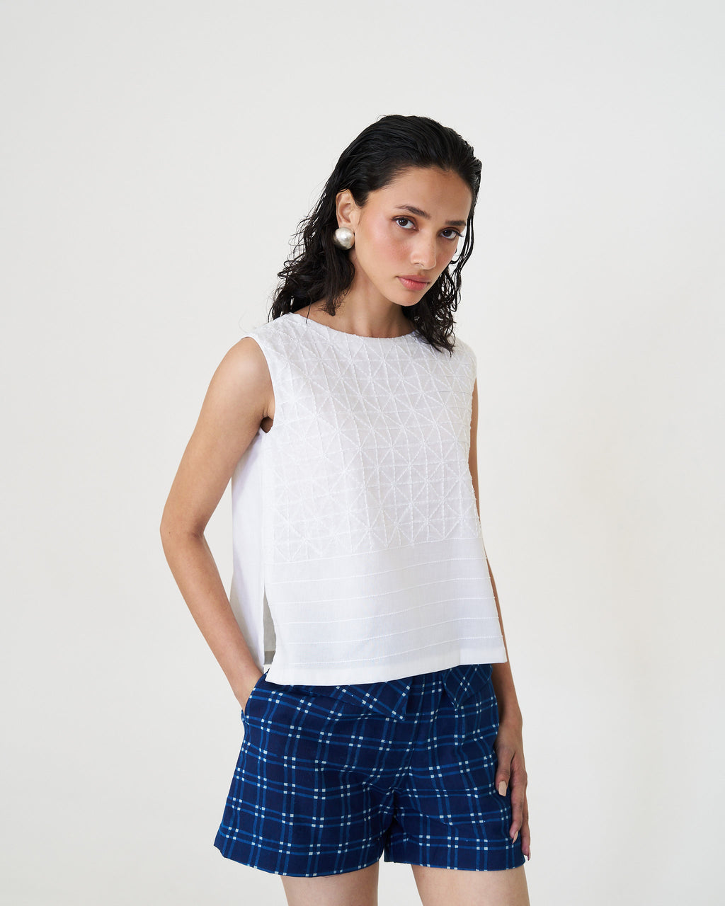 Kantha Grid Cropped Top - Pristine White