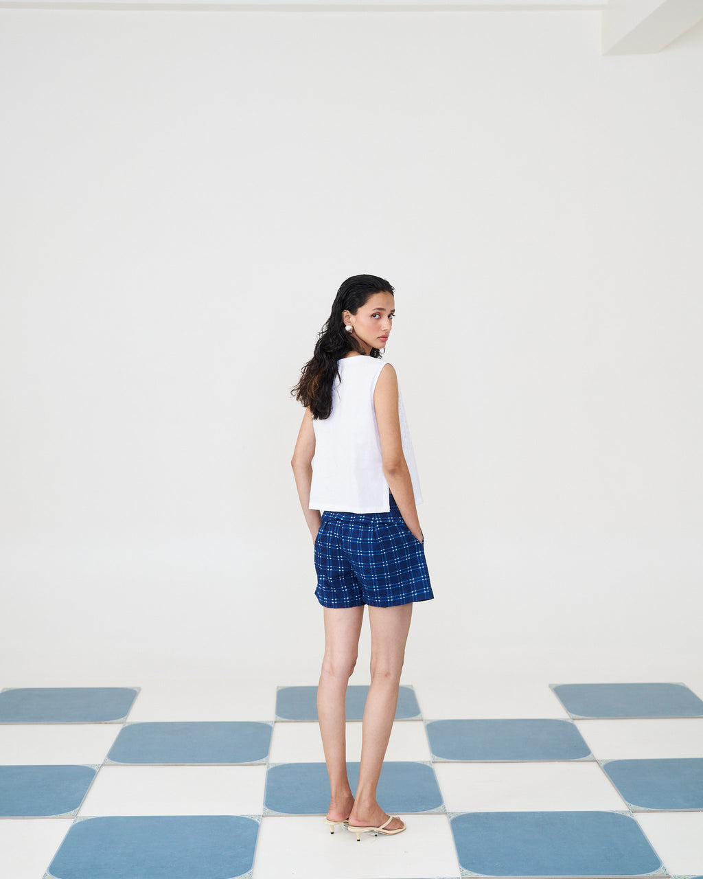 Kantha Grid Cropped Top - Pristine White