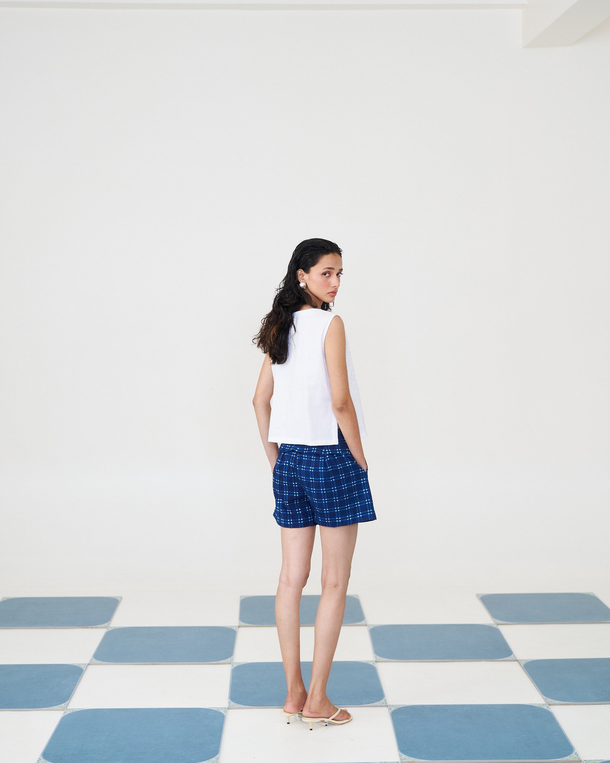 Kantha Grid Cropped Top - Pristine White